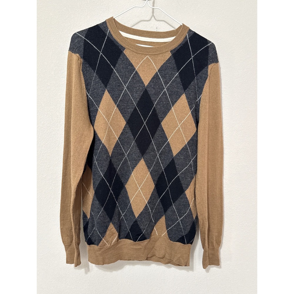 Club Room Argyle Sweater Mens Size M Tan Merino Wool Blend Crewneck Knit